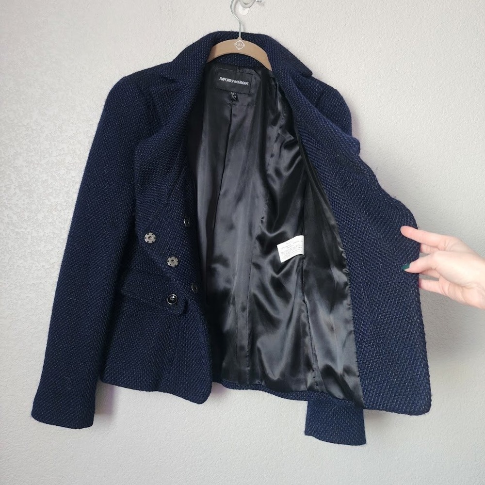 EMPORIO ARMANI Navy Blue Textured Knit Blazer Jacket Asymmetric Pocket Sz 8 - Picture 5 of 7